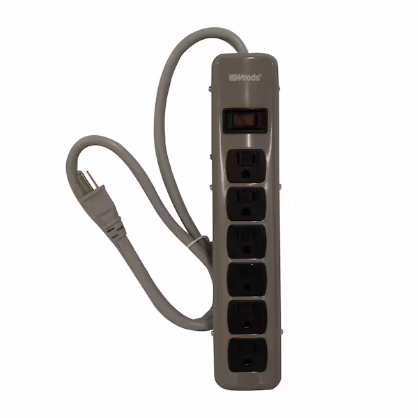 6 OUTLET METAL POWER STRIP 5FT CORD (4+2), LIT RESETTABLE SWITCH, Woods, Mfr#: 41386